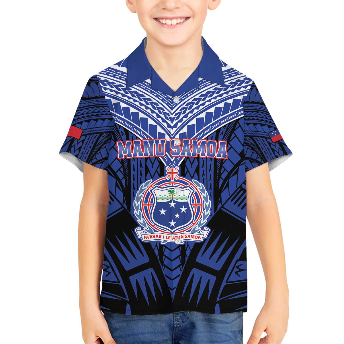 Custom Manu Samoa Sevens Rugby Family Matching Puletasi and Hawaiian Shirt Samoan Tribal Tattoo LT9 Son's Shirt Blue - Polynesian Pride