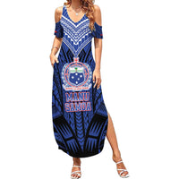Custom Manu Samoa Sevens Rugby Family Matching Summer Maxi Dress and Hawaiian Shirt Samoan Tribal Tattoo LT9 Mom's Dress Blue - Polynesian Pride