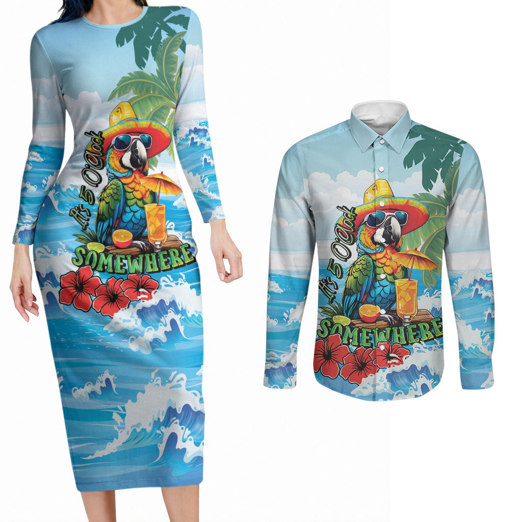 Funny Parrot Margarita Five O'clock Somewhere Couples Matching Long Sleeve Bodycon Dress and Long Sleeve Button Shirt LT9 Blue - Polynesian Pride
