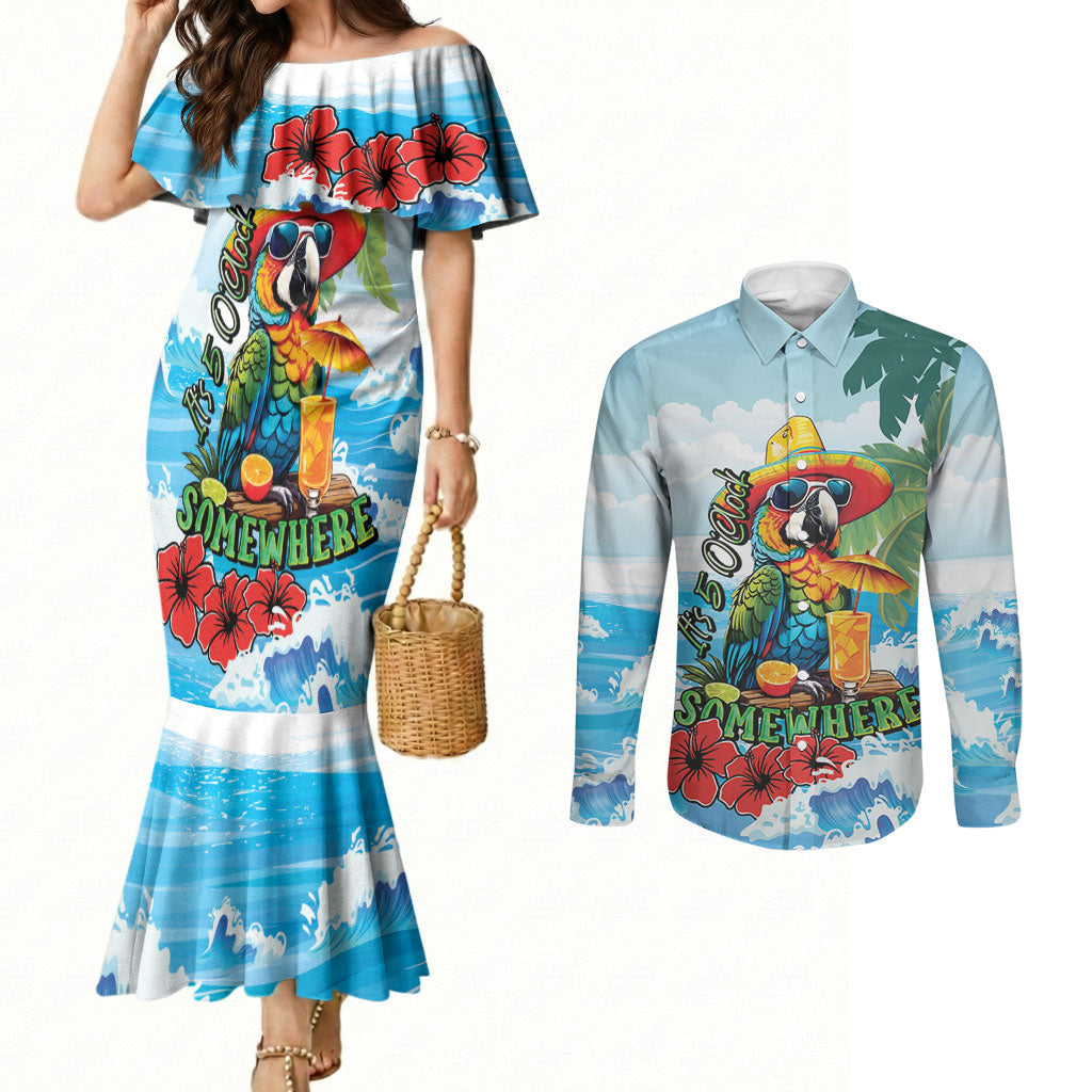 Funny Parrot Margarita Five O'clock Somewhere Couples Matching Mermaid Dress and Long Sleeve Button Shirt LT9 Blue - Polynesian Pride