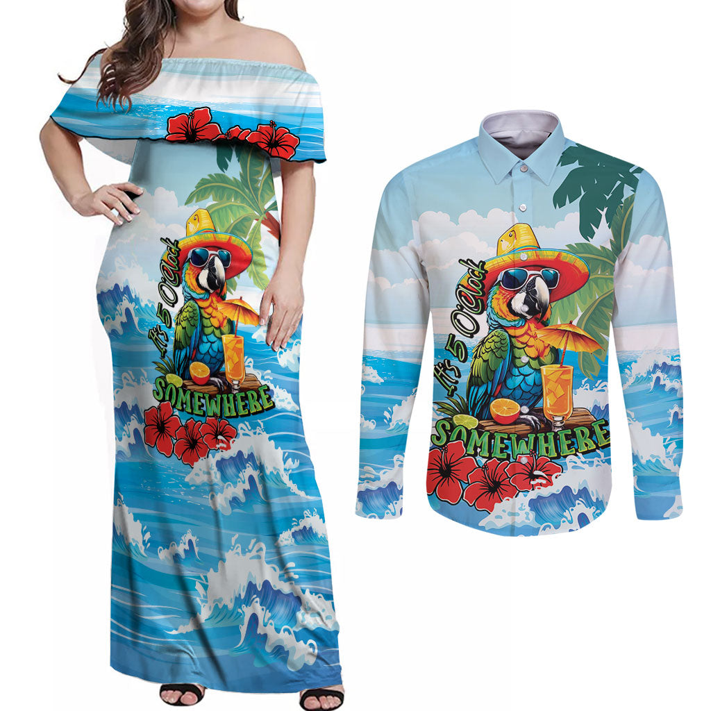 Funny Parrot Margarita Five O'clock Somewhere Couples Matching Off Shoulder Maxi Dress and Long Sleeve Button Shirt LT9 Blue - Polynesian Pride