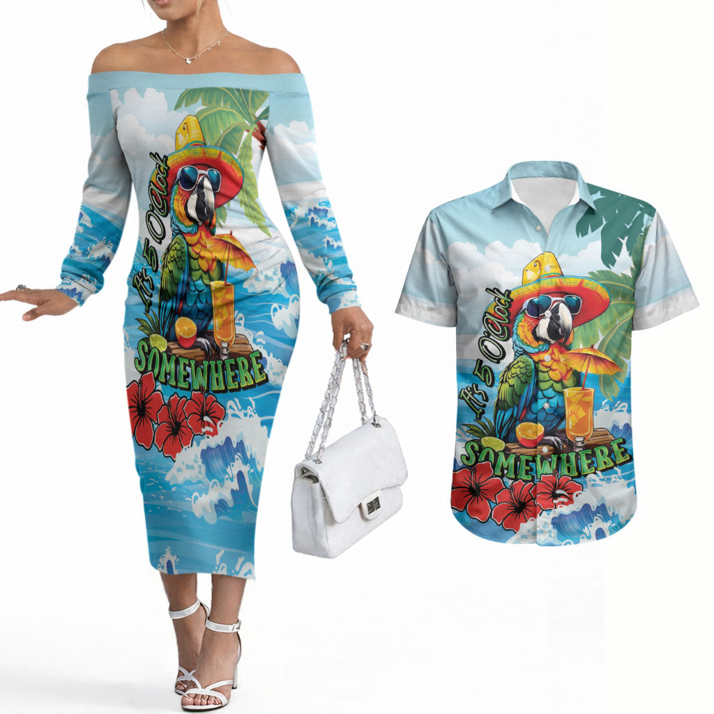Funny Parrot Margarita Five O'clock Somewhere Couples Matching Off The Shoulder Long Sleeve Dress and Hawaiian Shirt LT9 Blue - Polynesian Pride