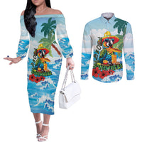 Funny Parrot Margarita Five O'clock Somewhere Couples Matching Off The Shoulder Long Sleeve Dress and Long Sleeve Button Shirt LT9 Blue - Polynesian Pride