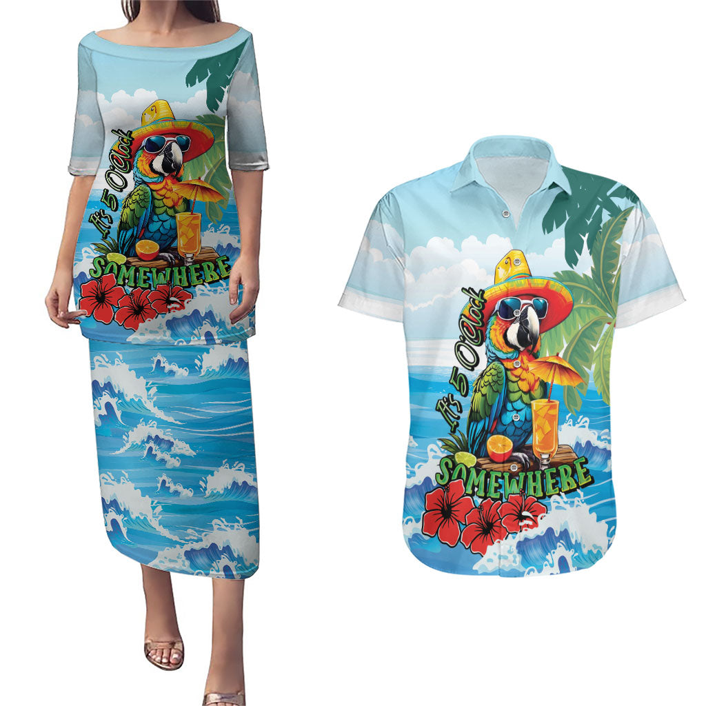 Funny Parrot Margarita Five O'clock Somewhere Couples Matching Puletasi and Hawaiian Shirt