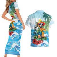 Funny Parrot Margarita Five O'clock Somewhere Couples Matching Short Sleeve Bodycon Dress and Hawaiian Shirt