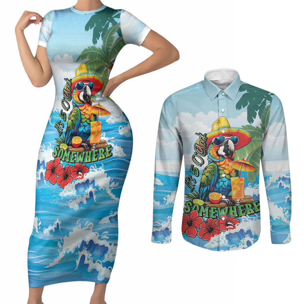 Funny Parrot Margarita Five O'clock Somewhere Couples Matching Short Sleeve Bodycon Dress and Long Sleeve Button Shirt LT9 Blue - Polynesian Pride