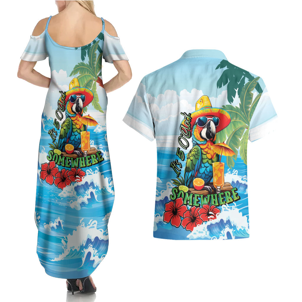 Funny Parrot Margarita Five O'clock Somewhere Couples Matching Summer Maxi Dress and Hawaiian Shirt