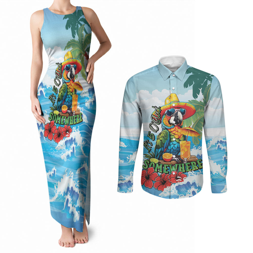 Funny Parrot Margarita Five O'clock Somewhere Couples Matching Tank Maxi Dress and Long Sleeve Button Shirt LT9 Blue - Polynesian Pride
