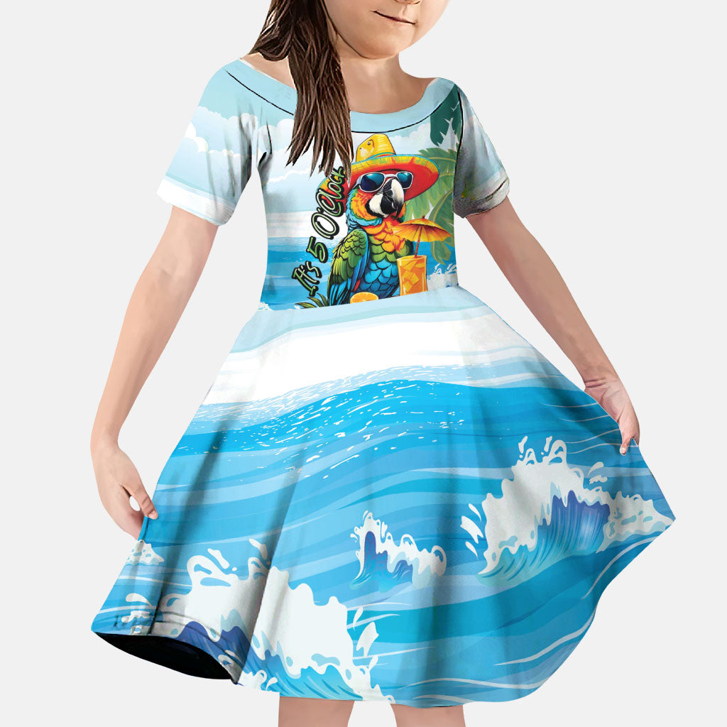 Funny Parrot Margarita Five O'clock Somewhere Family Matching Off The Shoulder Long Sleeve Dress and Hawaiian Shirt LT9 Daughter's Dress Blue - Polynesian Pride