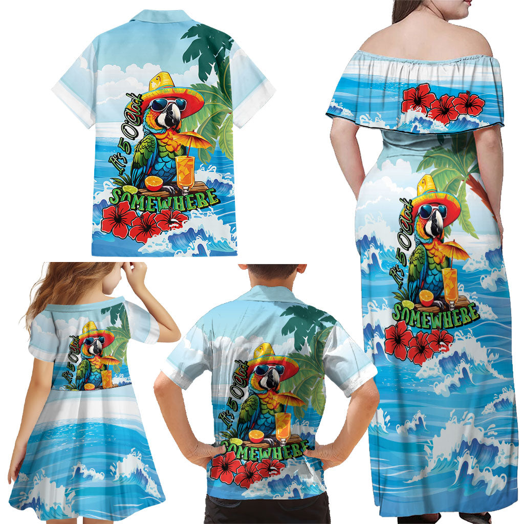 Funny Parrot Margarita Five O'clock Somewhere Family Matching Off Shoulder Maxi Dress and Hawaiian Shirt LT9 - Polynesian Pride