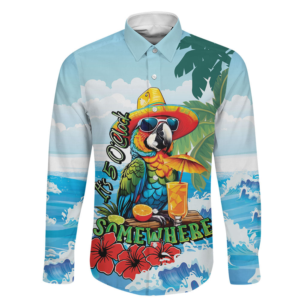 Funny Parrot Margarita Five O'clock Somewhere Family Matching Off Shoulder Short Dress and Hawaiian Shirt LT9 Dad's Shirt - Long Sleeve Blue - Polynesian Pride