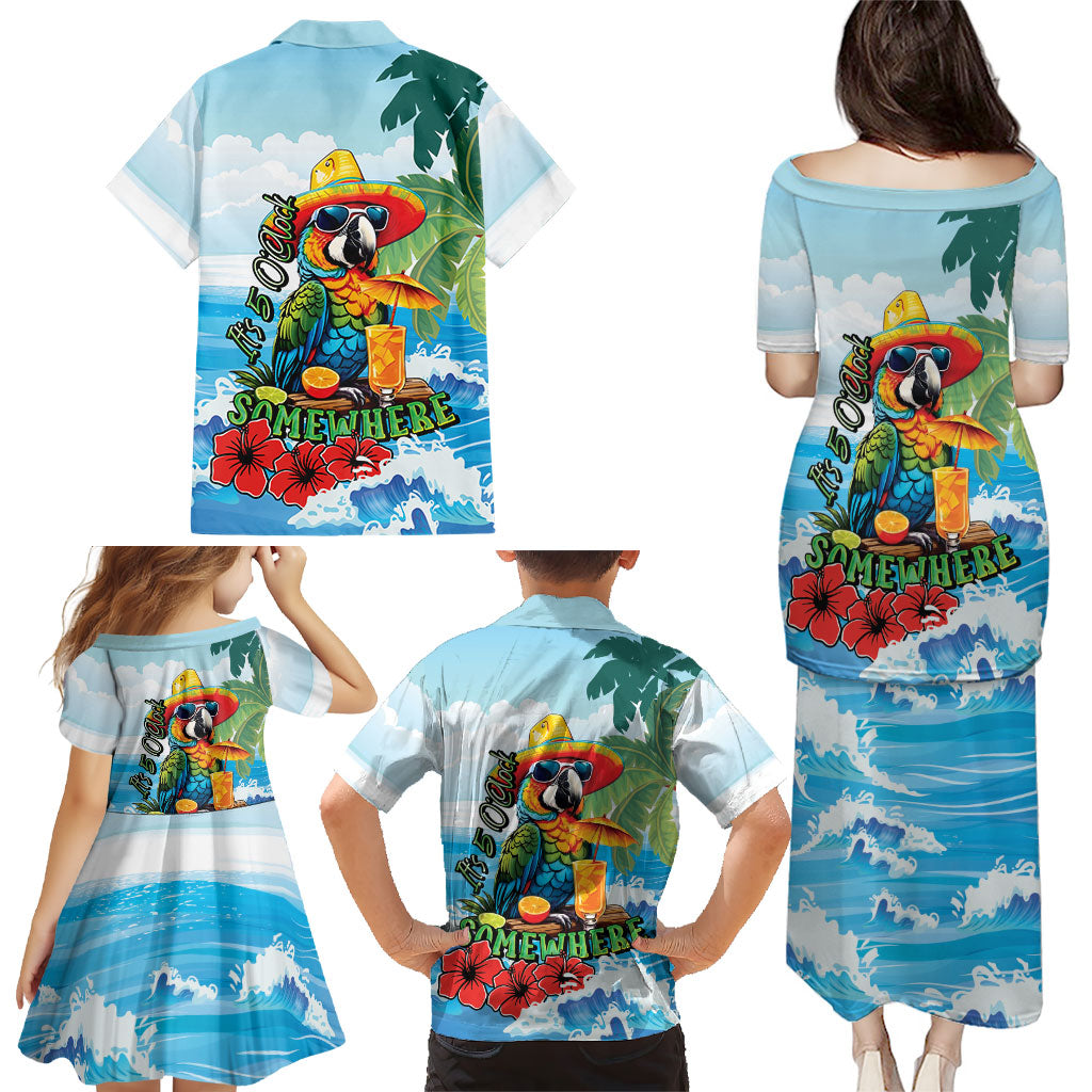 Funny Parrot Margarita Five O'clock Somewhere Family Matching Puletasi and Hawaiian Shirt