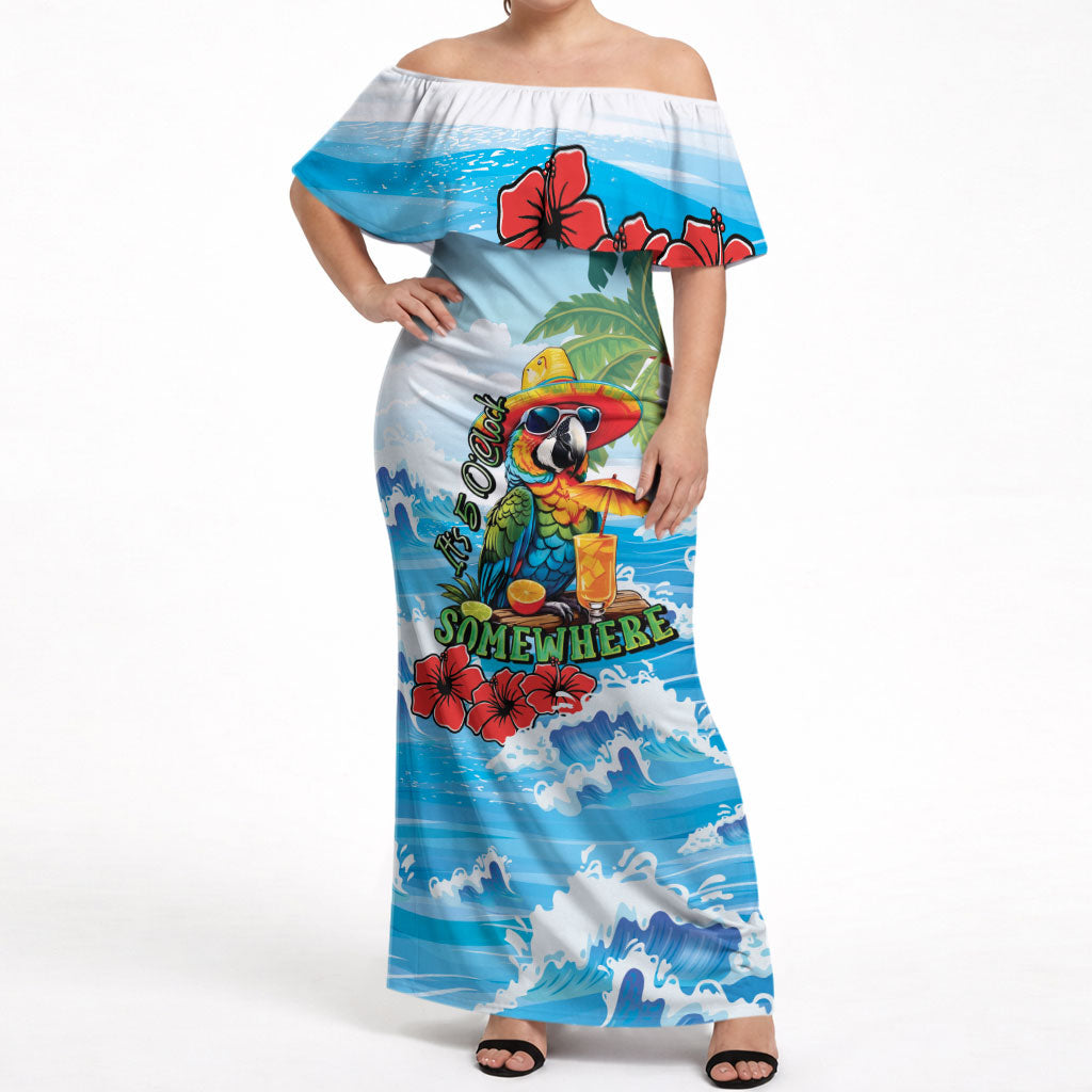 Funny Parrot Margarita Five O'clock Somewhere Off Shoulder Maxi Dress LT9 Women Blue - Polynesian Pride