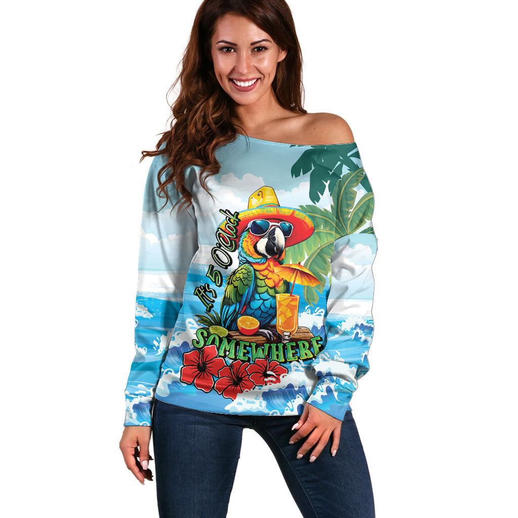 Funny Parrot Margarita Five O'clock Somewhere Off Shoulder Sweater LT9 Women Blue - Polynesian Pride