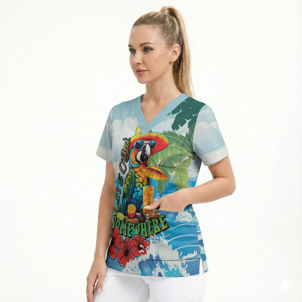 Funny Parrot Margarita Five O'clock Somewhere Scrub Top