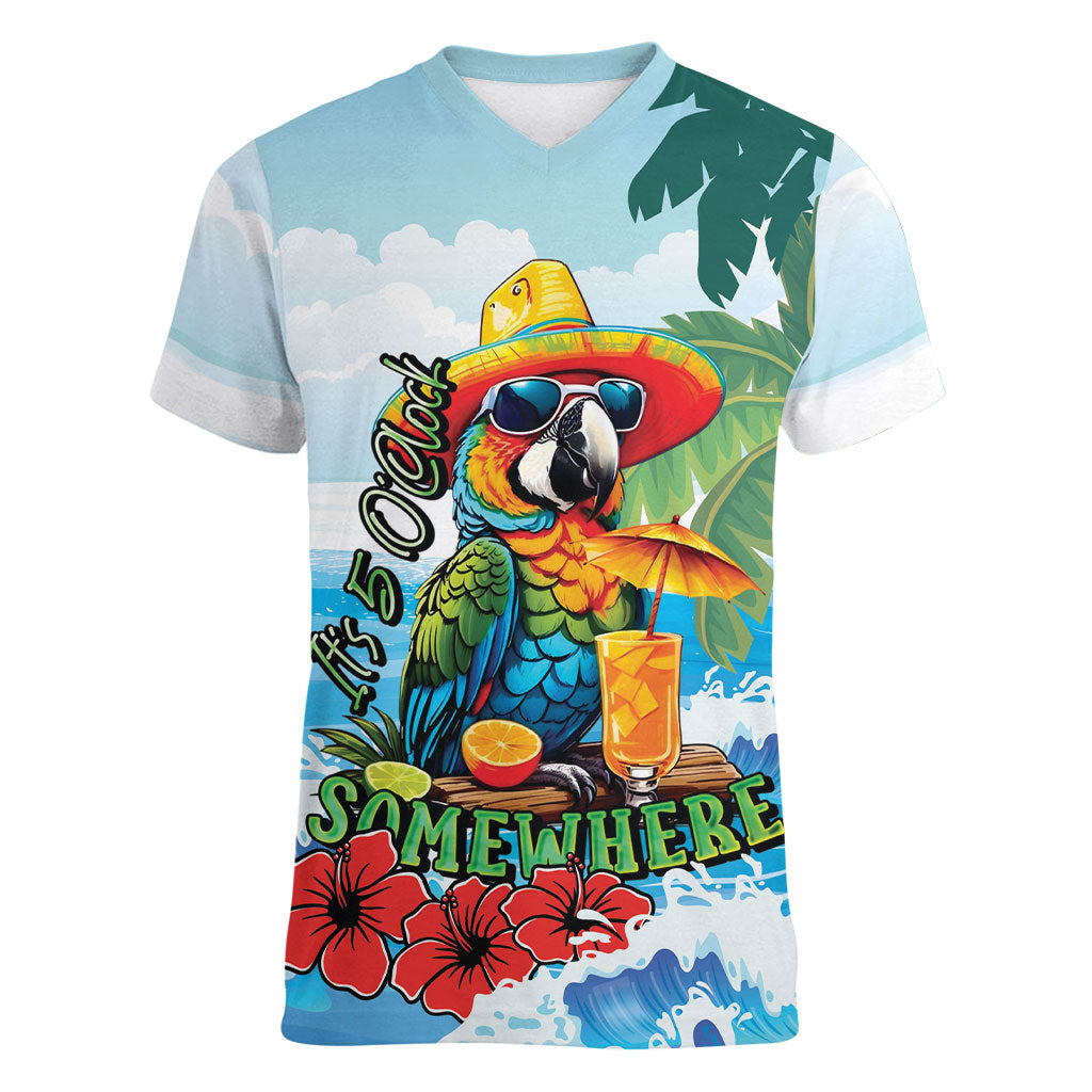Funny Parrot Margarita Five O'clock Somewhere Women V-Neck T-Shirt LT9 Female Blue - Polynesian Pride