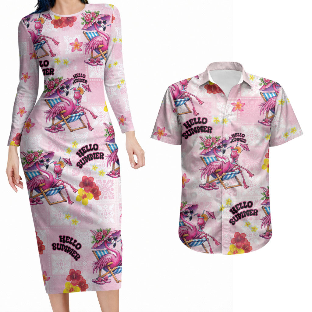 Hawaii Flamingo Hello Summer Couples Matching Long Sleeve Bodycon Dress and Hawaiian Shirt Hawaiian Quilt Pattern LT9 Pink - Polynesian Pride