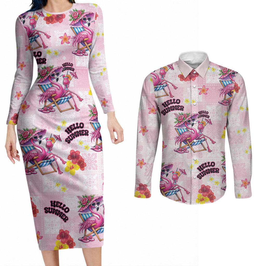 Hawaii Flamingo Hello Summer Couples Matching Long Sleeve Bodycon Dress and Long Sleeve Button Shirt Hawaiian Quilt Pattern LT9 Pink - Polynesian Pride
