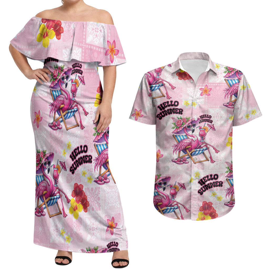 Hawaii Flamingo Hello Summer Couples Matching Off Shoulder Maxi Dress and Hawaiian Shirt Hawaiian Quilt Pattern LT9 Pink - Polynesian Pride