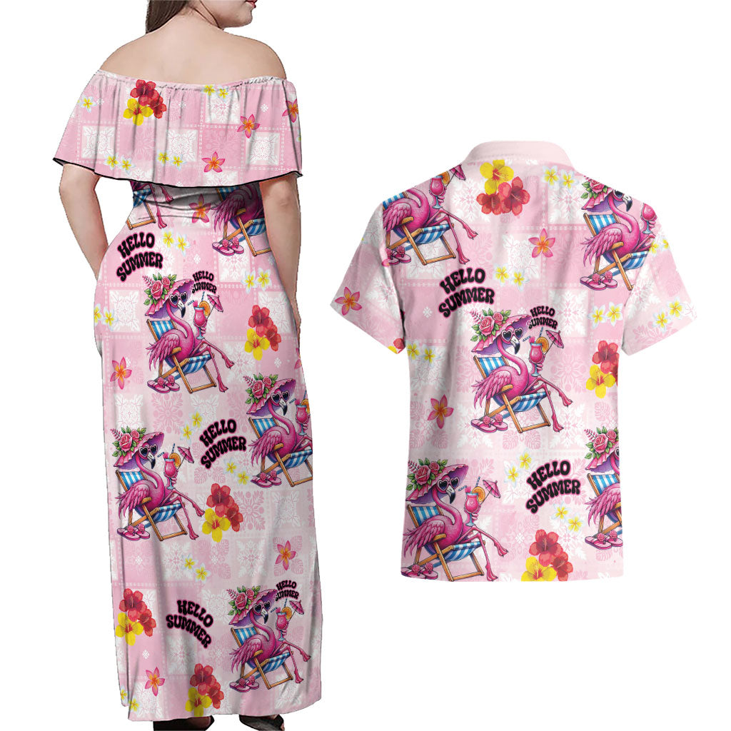 Hawaii Flamingo Hello Summer Couples Matching Off Shoulder Maxi Dress and Hawaiian Shirt Hawaiian Quilt Pattern LT9 - Polynesian Pride