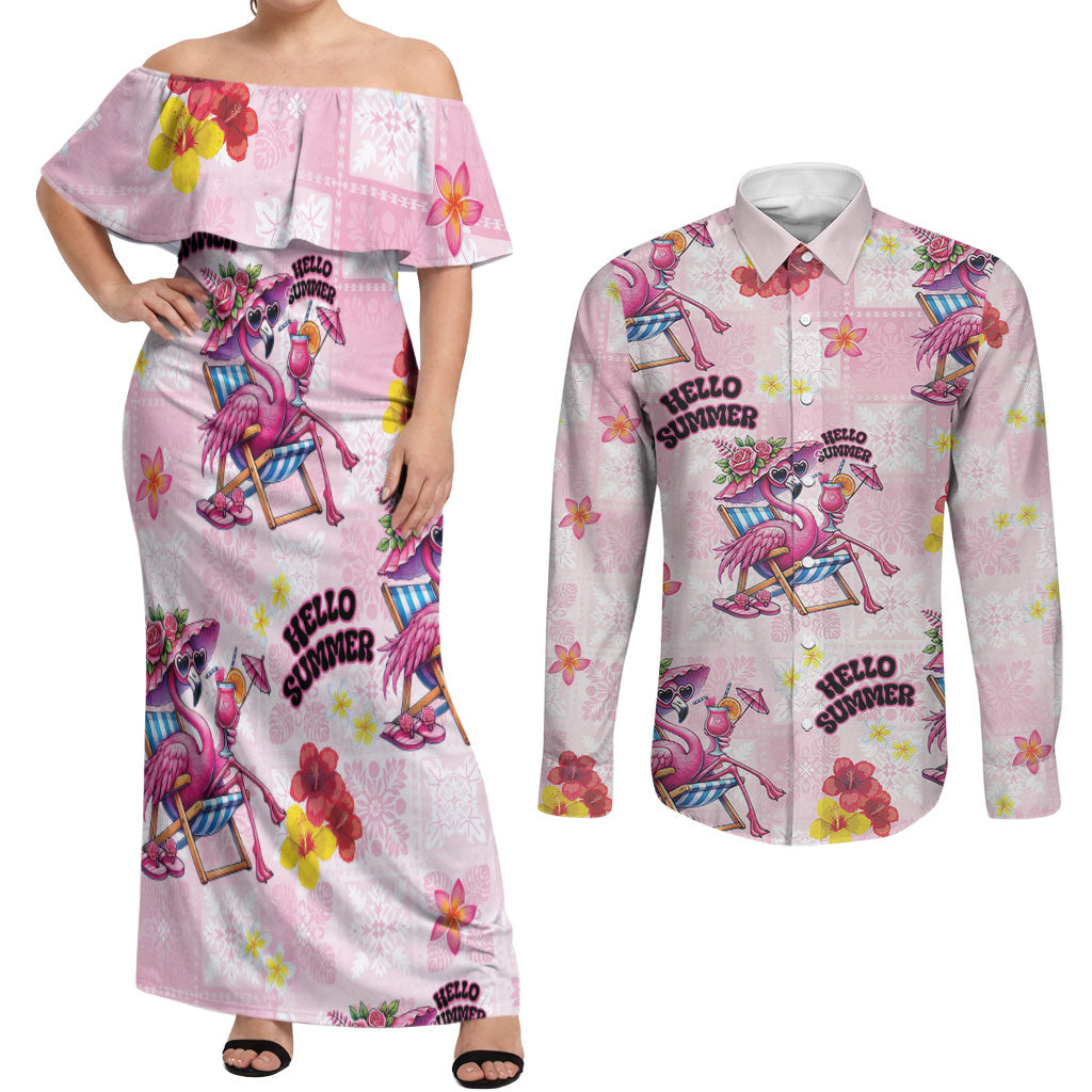 Hawaii Flamingo Hello Summer Couples Matching Off Shoulder Maxi Dress and Long Sleeve Button Shirt Hawaiian Quilt Pattern LT9 Pink - Polynesian Pride