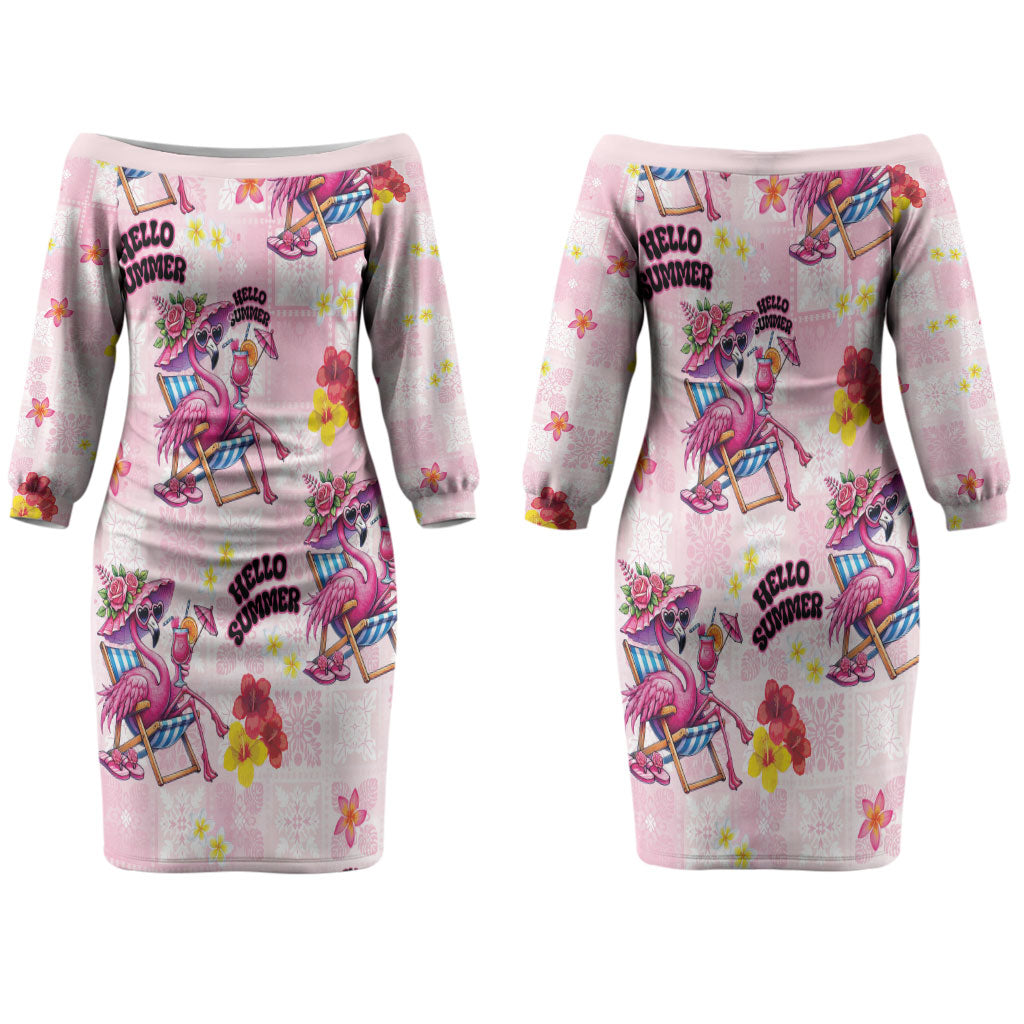 Hawaii Flamingo Hello Summer Couples Matching Off The Shoulder Long Sleeve Dress and Long Sleeve Button Shirt Hawaiian Quilt Pattern LT9 - Polynesian Pride