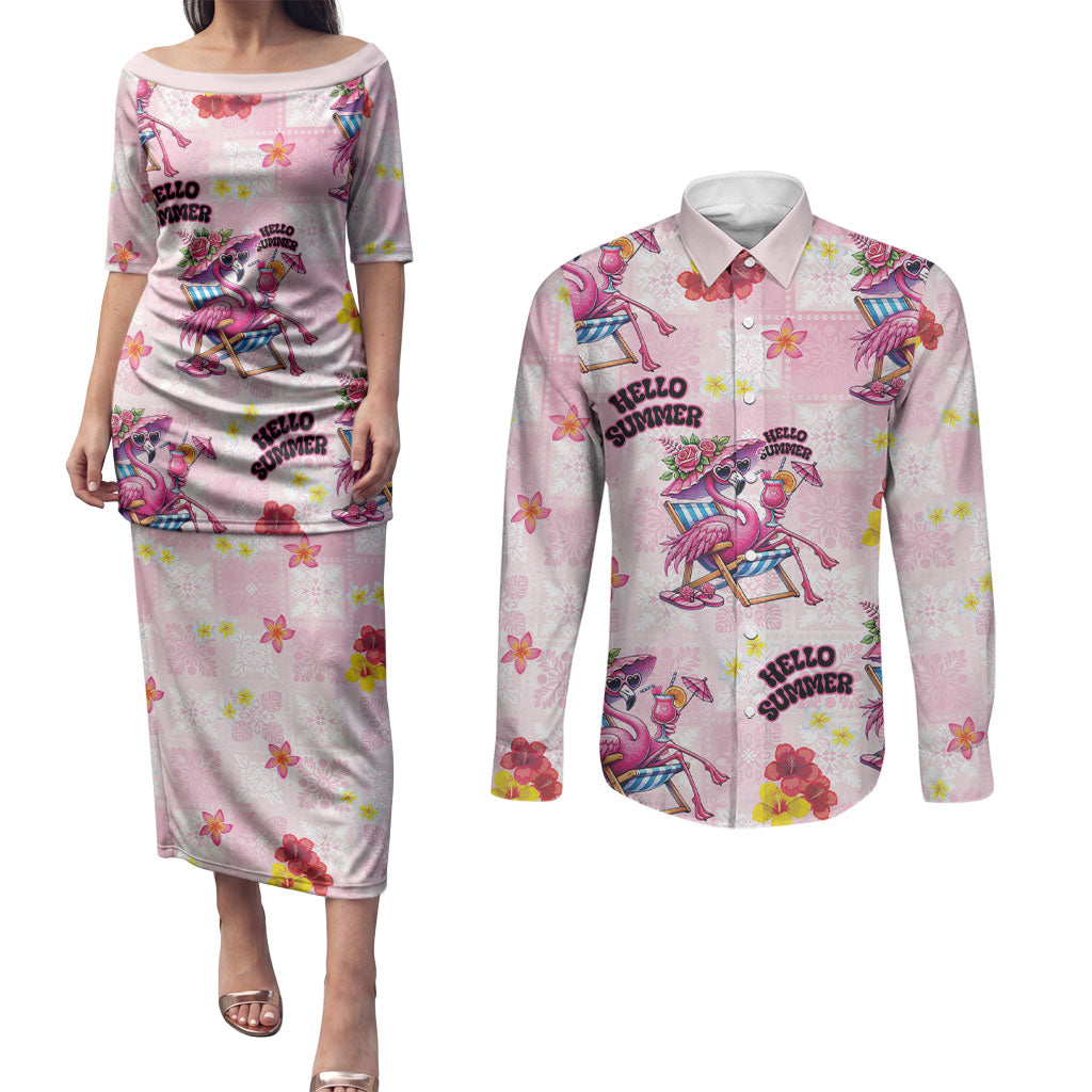 Hawaii Flamingo Hello Summer Couples Matching Puletasi and Long Sleeve Button Shirt Hawaiian Quilt Pattern LT9 Pink - Polynesian Pride