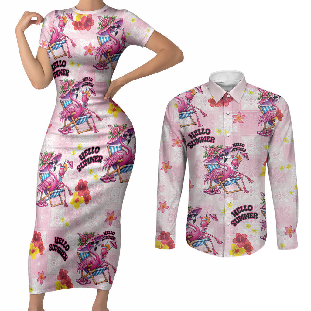 Hawaii Flamingo Hello Summer Couples Matching Short Sleeve Bodycon Dress and Long Sleeve Button Shirt Hawaiian Quilt Pattern LT9 Pink - Polynesian Pride