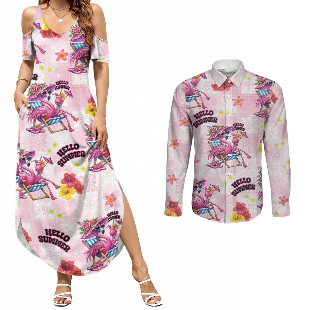 Hawaii Flamingo Hello Summer Couples Matching Summer Maxi Dress and Long Sleeve Button Shirt Hawaiian Quilt Pattern LT9 Pink - Polynesian Pride