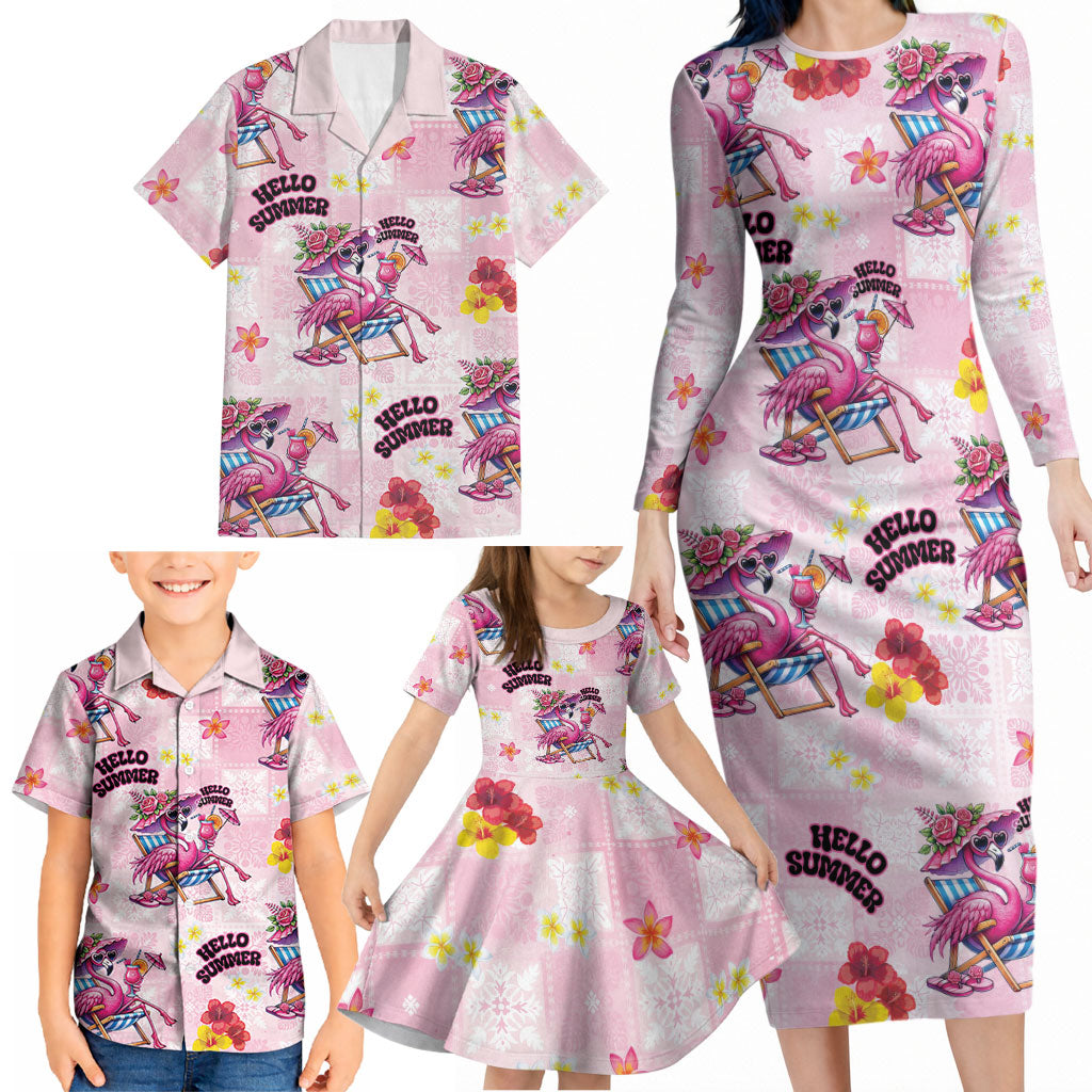 Hawaii Flamingo Hello Summer Family Matching Long Sleeve Bodycon Dress and Hawaiian Shirt Hawaiian Quilt Pattern LT9 - Polynesian Pride