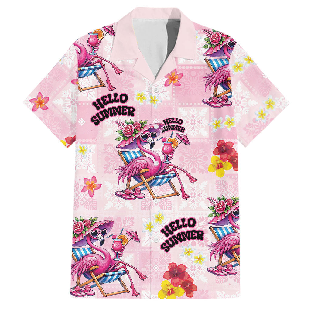 Hawaii Flamingo Hello Summer Family Matching Long Sleeve Bodycon Dress and Hawaiian Shirt Hawaiian Quilt Pattern LT9 Dad's Shirt - Short Sleeve Pink - Polynesian Pride