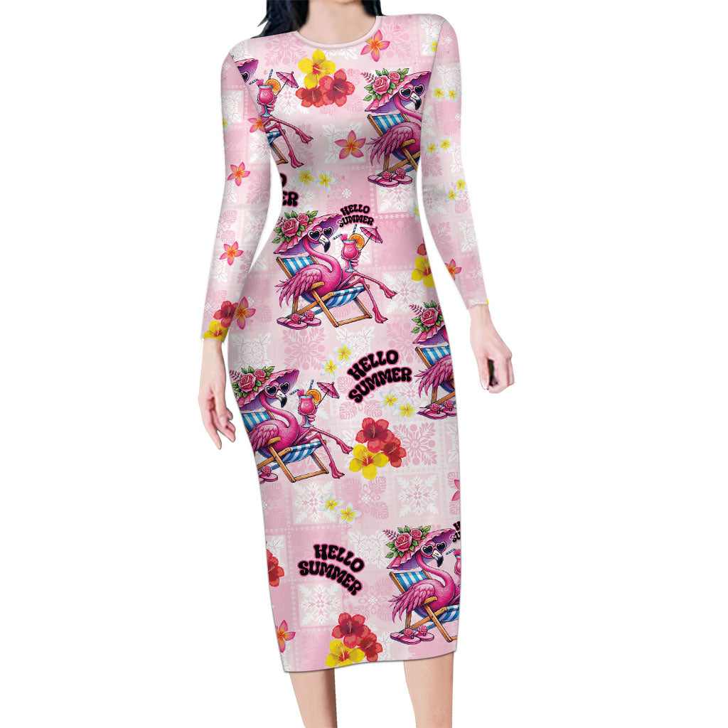 Hawaii Flamingo Hello Summer Family Matching Long Sleeve Bodycon Dress and Hawaiian Shirt Hawaiian Quilt Pattern LT9 Mom's Dress Pink - Polynesian Pride