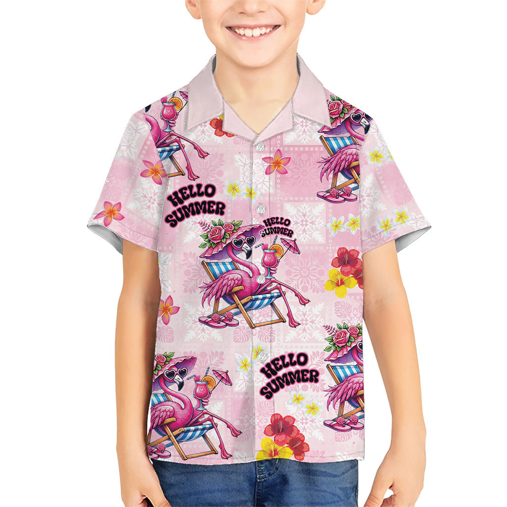 Hawaii Flamingo Hello Summer Family Matching Off The Shoulder Long Sleeve Dress and Hawaiian Shirt Hawaiian Quilt Pattern LT9 Son's Shirt Pink - Polynesian Pride