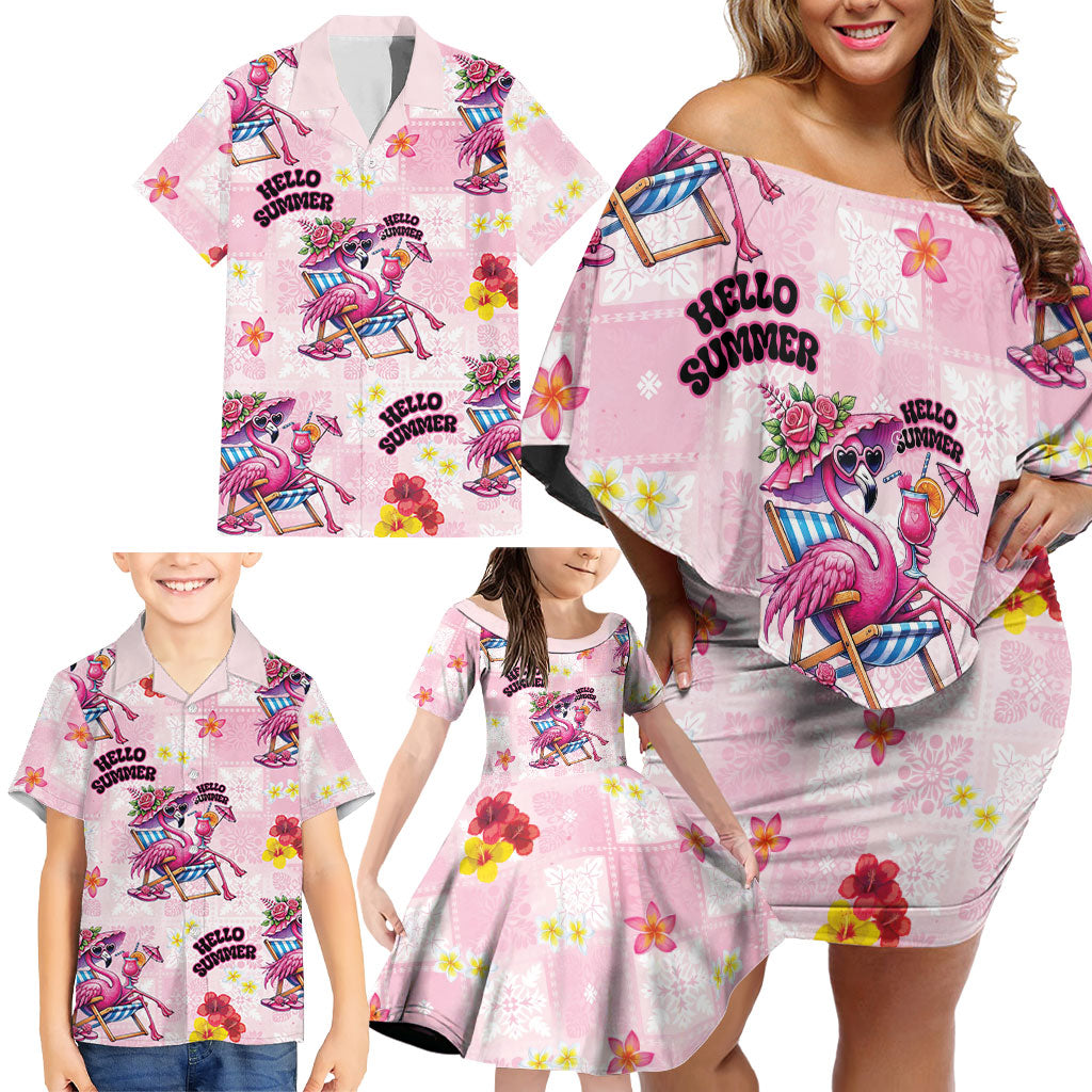 Hawaii Flamingo Hello Summer Family Matching Off Shoulder Short Dress and Hawaiian Shirt Hawaiian Quilt Pattern