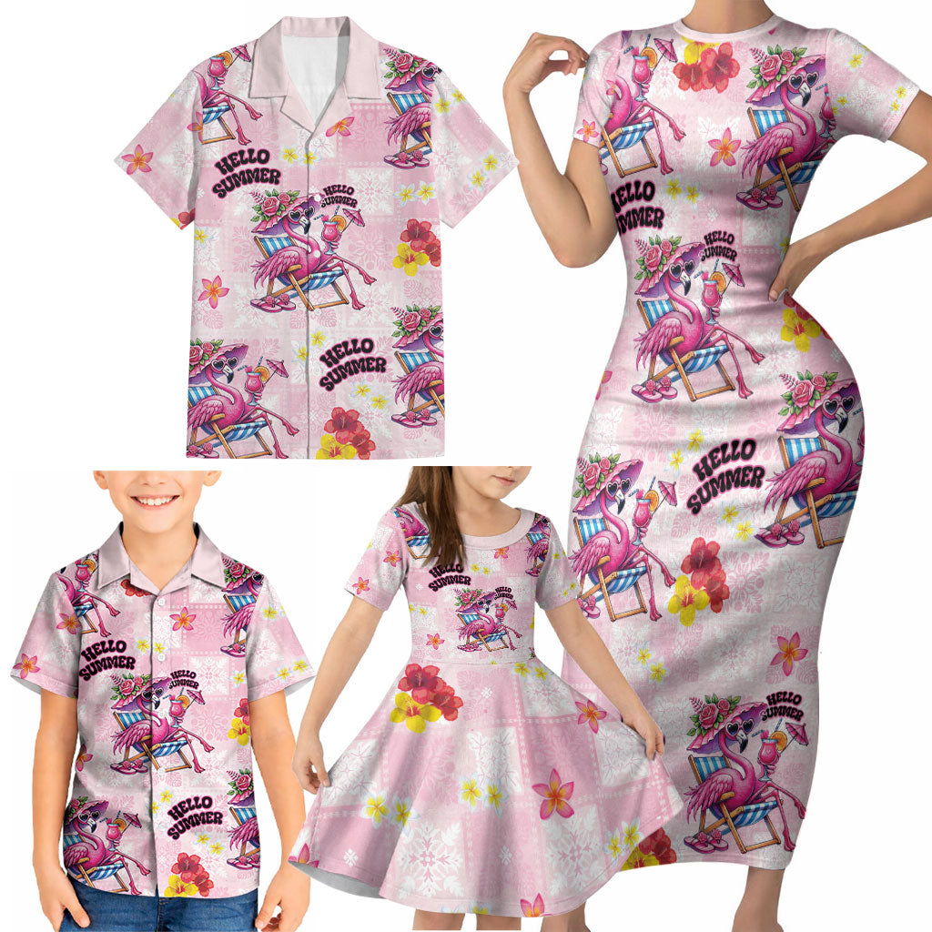 Hawaii Flamingo Hello Summer Family Matching Short Sleeve Bodycon Dress and Hawaiian Shirt Hawaiian Quilt Pattern LT9 - Polynesian Pride