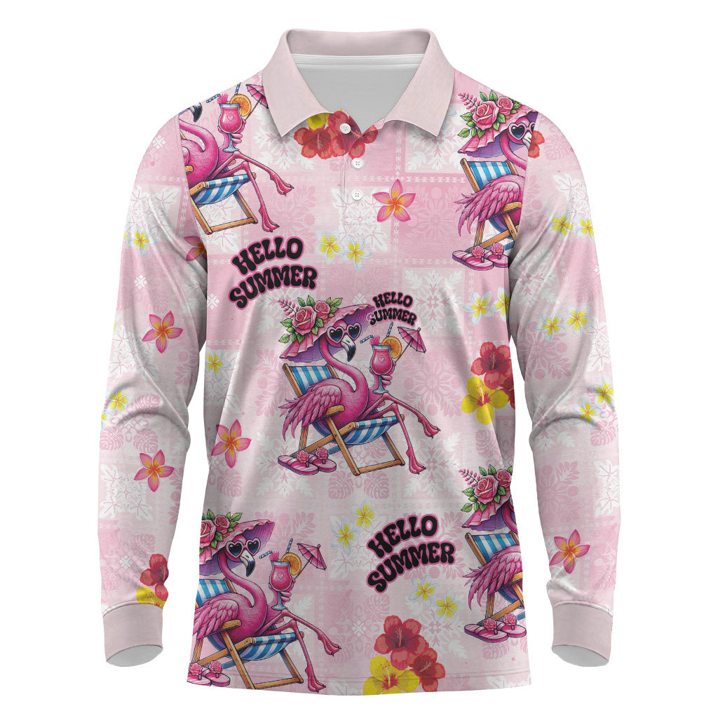 Hawaii Flamingo Hello Summer Long Sleeve Polo Shirt Hawaiian Quilt Pattern LT9 Pink - Polynesian Pride
