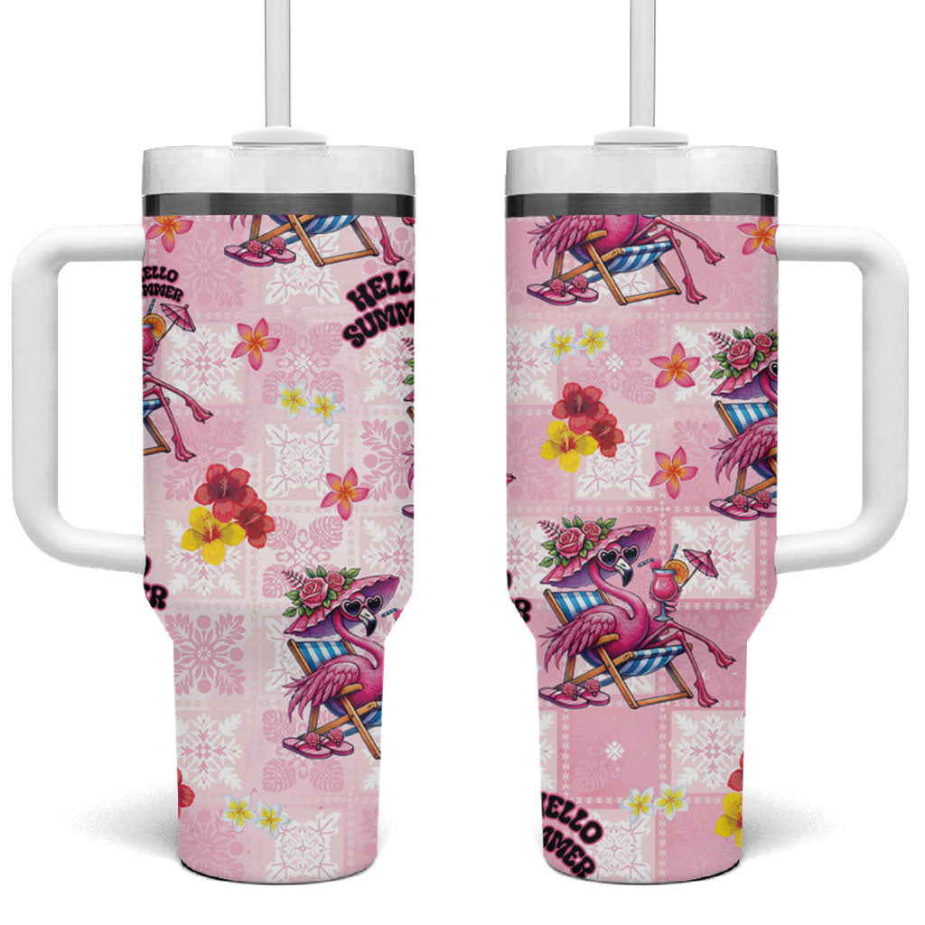 Hawaii Flamingo Hello Summer Tumbler With Handle Hawaiian Quilt Pattern LT9 One Size: 40 oz Pink - Polynesian Pride
