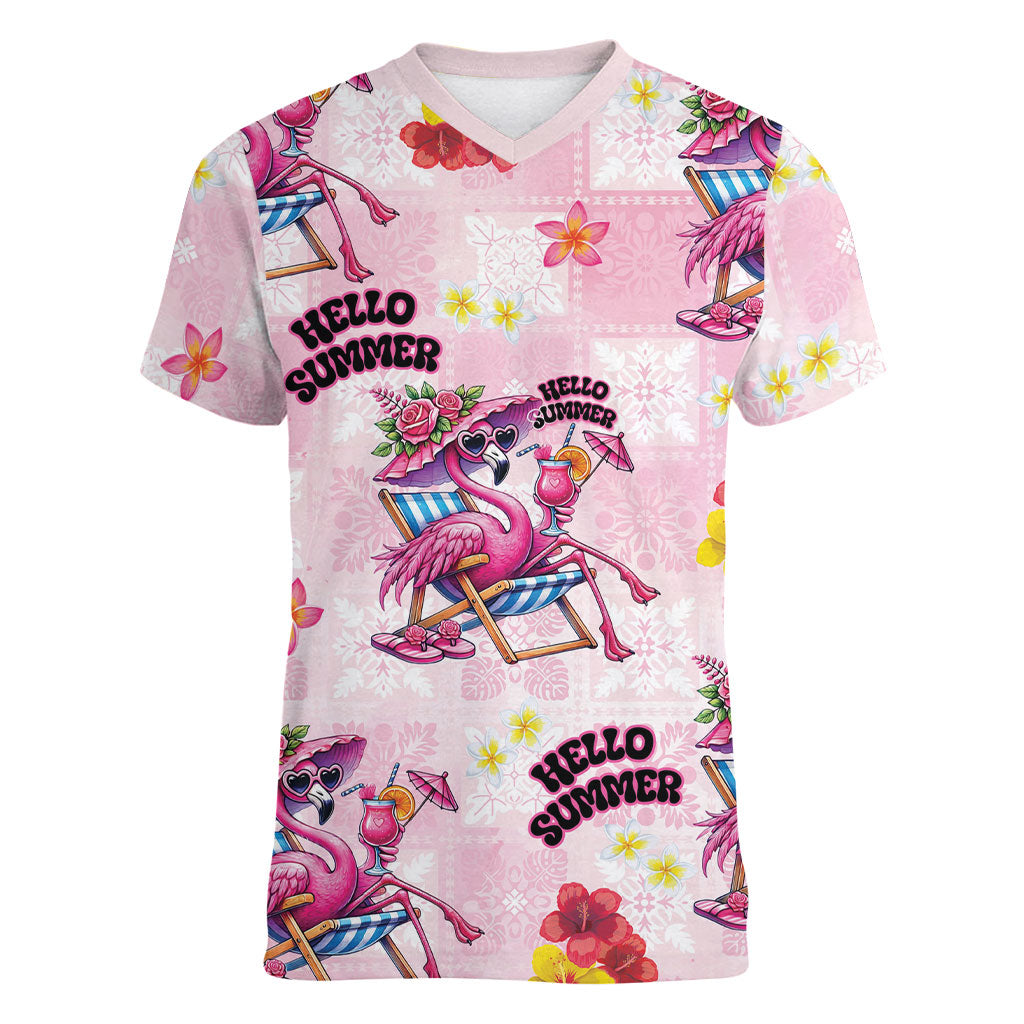 Hawaii Flamingo Hello Summer Women V-Neck T-Shirt Hawaiian Quilt Pattern LT9 Female Pink - Polynesian Pride