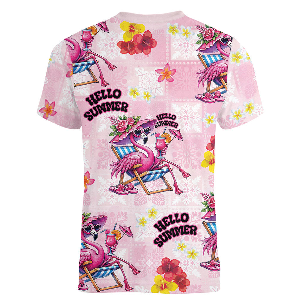 Hawaii Flamingo Hello Summer Women V-Neck T-Shirt Hawaiian Quilt Pattern LT9 - Polynesian Pride