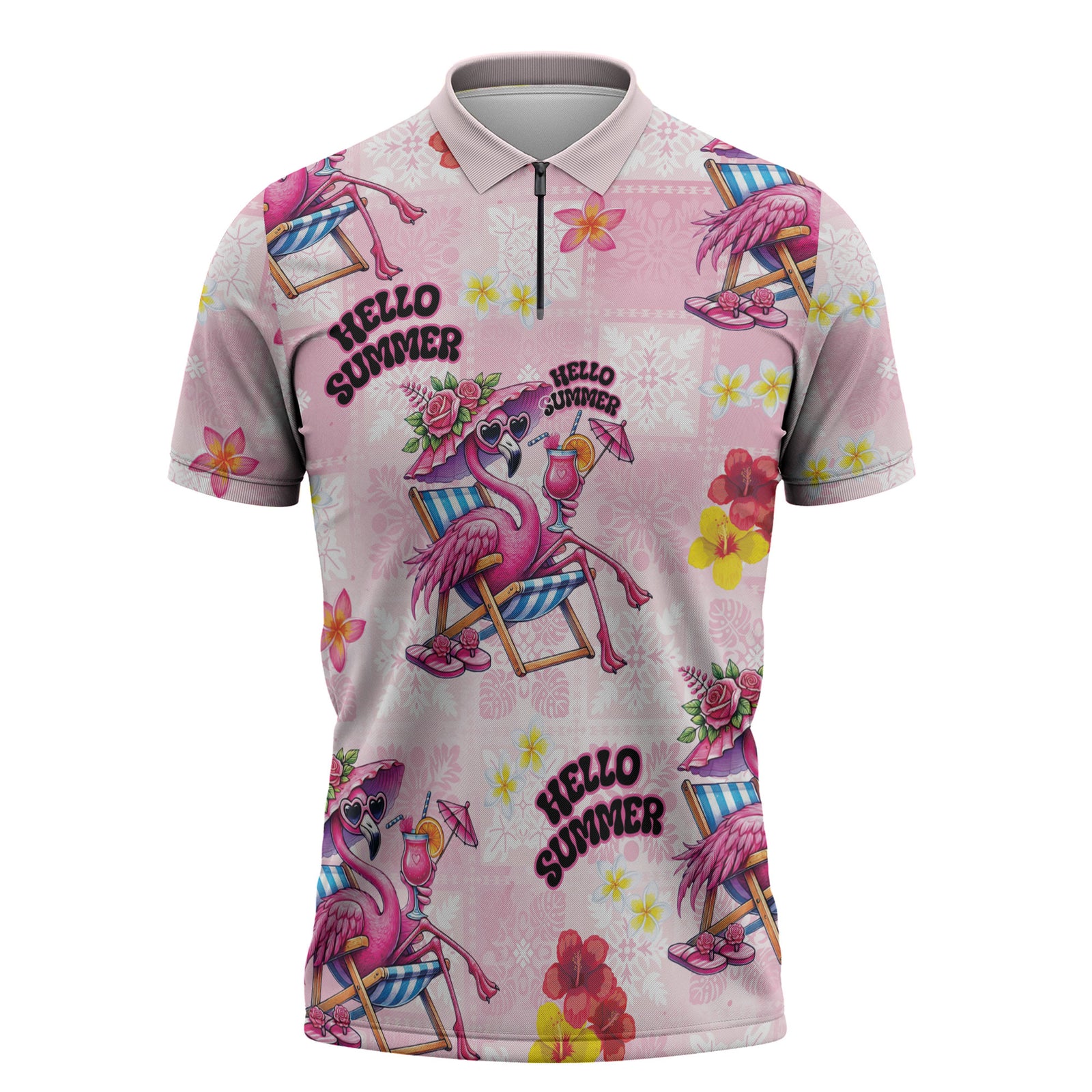 Hawaii Flamingo Hello Summer Zipper Polo Shirt Hawaiian Quilt Pattern LT9 Pink - Polynesian Pride