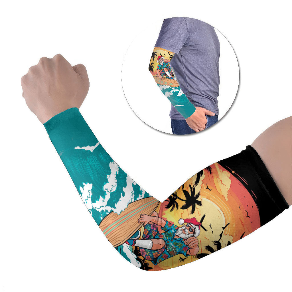 Vintage Santa Claus Surfing Summer Arm Sleeves Mele Kalikimaka i Iulai! LT9 Set of 2 Black - Polynesian Pride