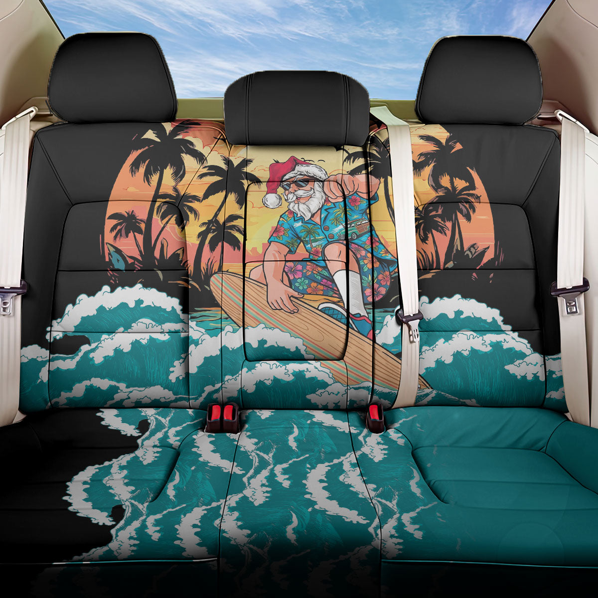 Vintage Santa Claus Surfing Summer Back Car Seat Cover Mele Kalikimaka i Iulai! LT9 One Size Black - Polynesian Pride