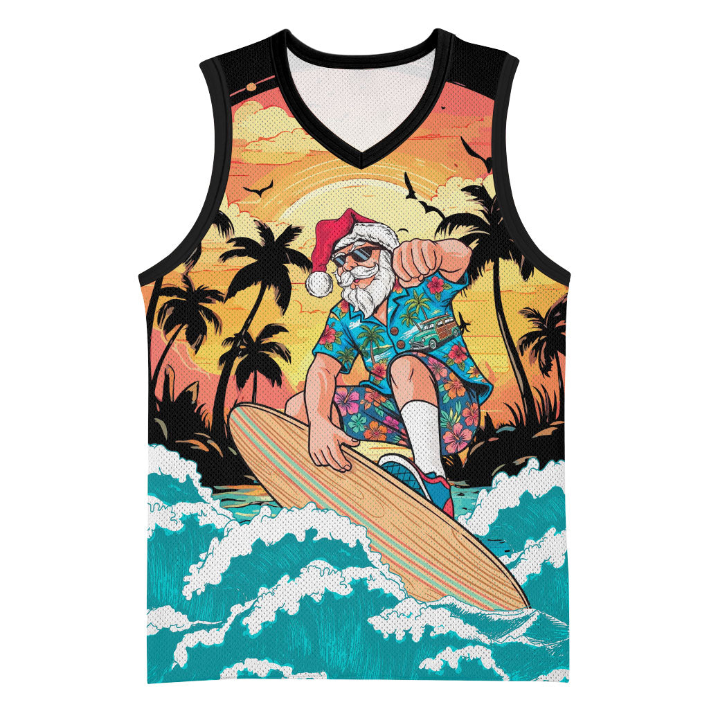 Vintage Santa Claus Surfing Summer Basketball Jersey Mele Kalikimaka i Iulai! LT9 Unisex Black - Polynesian Pride