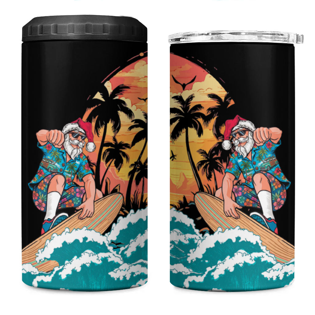 Vintage Santa Claus Surfing Summer 4 in 1 Can Cooler Tumbler Mele Kalikimaka i Iulai! LT9 One Size: 16 oz Black - Polynesian Pride