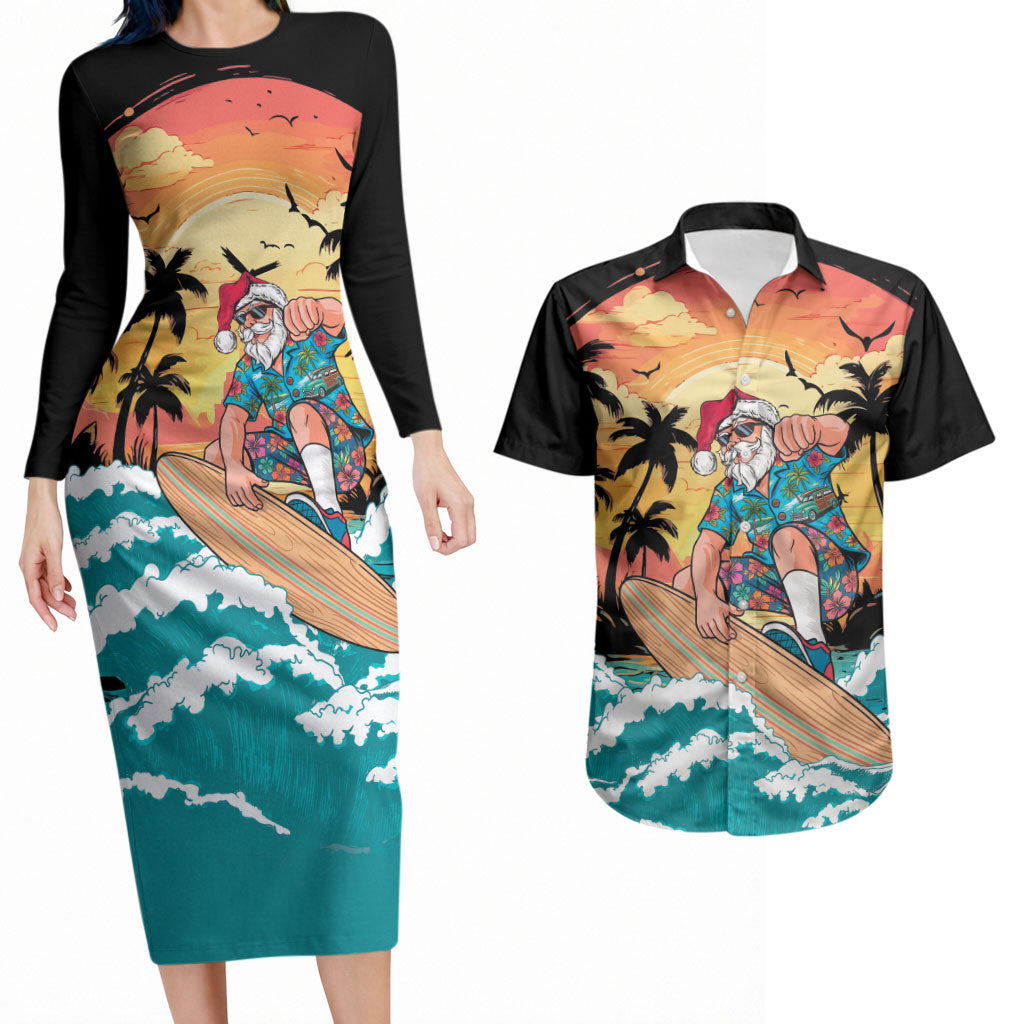 Vintage Santa Claus Surfing Summer Couples Matching Long Sleeve Bodycon Dress and Hawaiian Shirt Mele Kalikimaka i Iulai! LT9 Black - Polynesian Pride