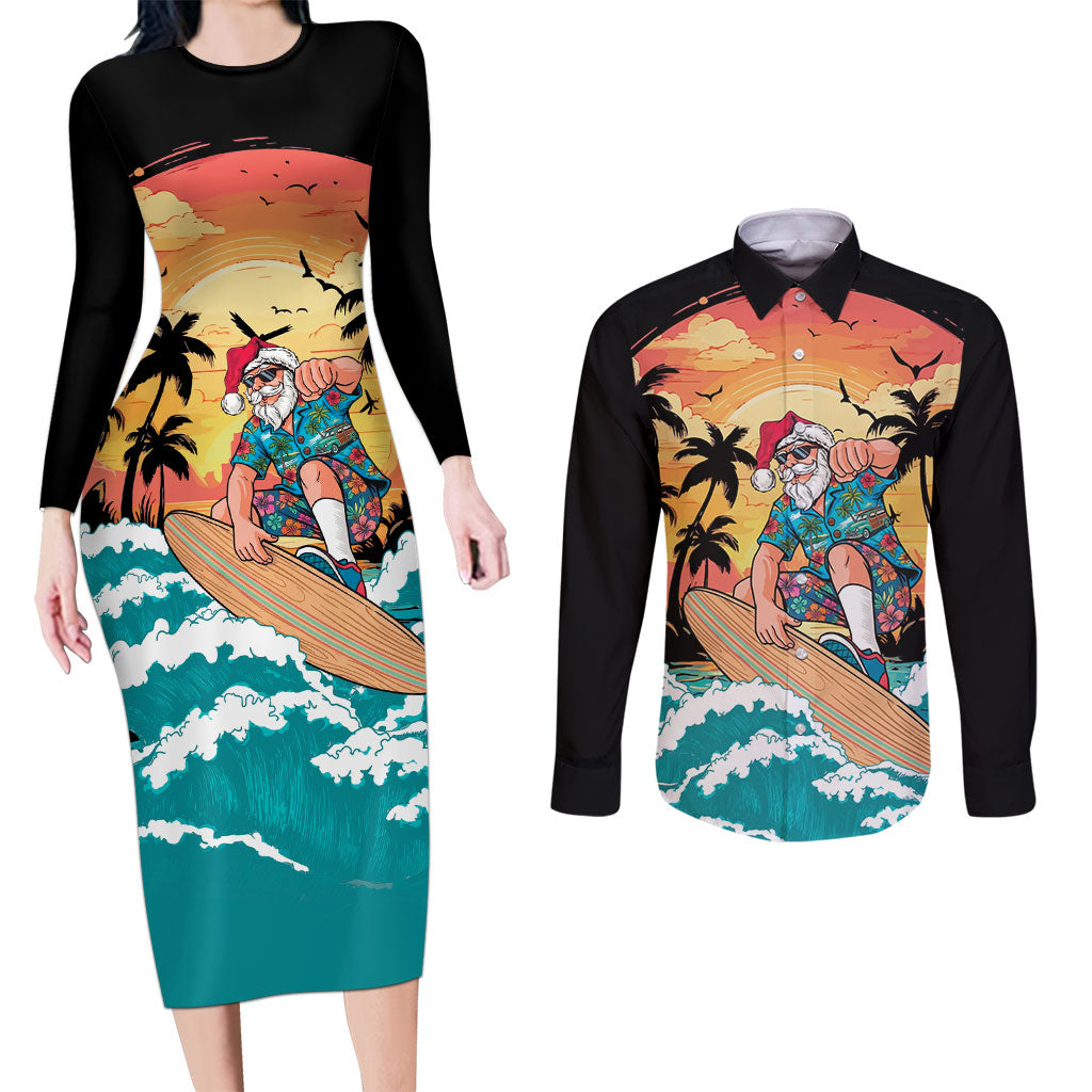 Vintage Santa Claus Surfing Summer Couples Matching Long Sleeve Bodycon Dress and Long Sleeve Button Shirt Mele Kalikimaka i Iulai! LT9 Black - Polynesian Pride