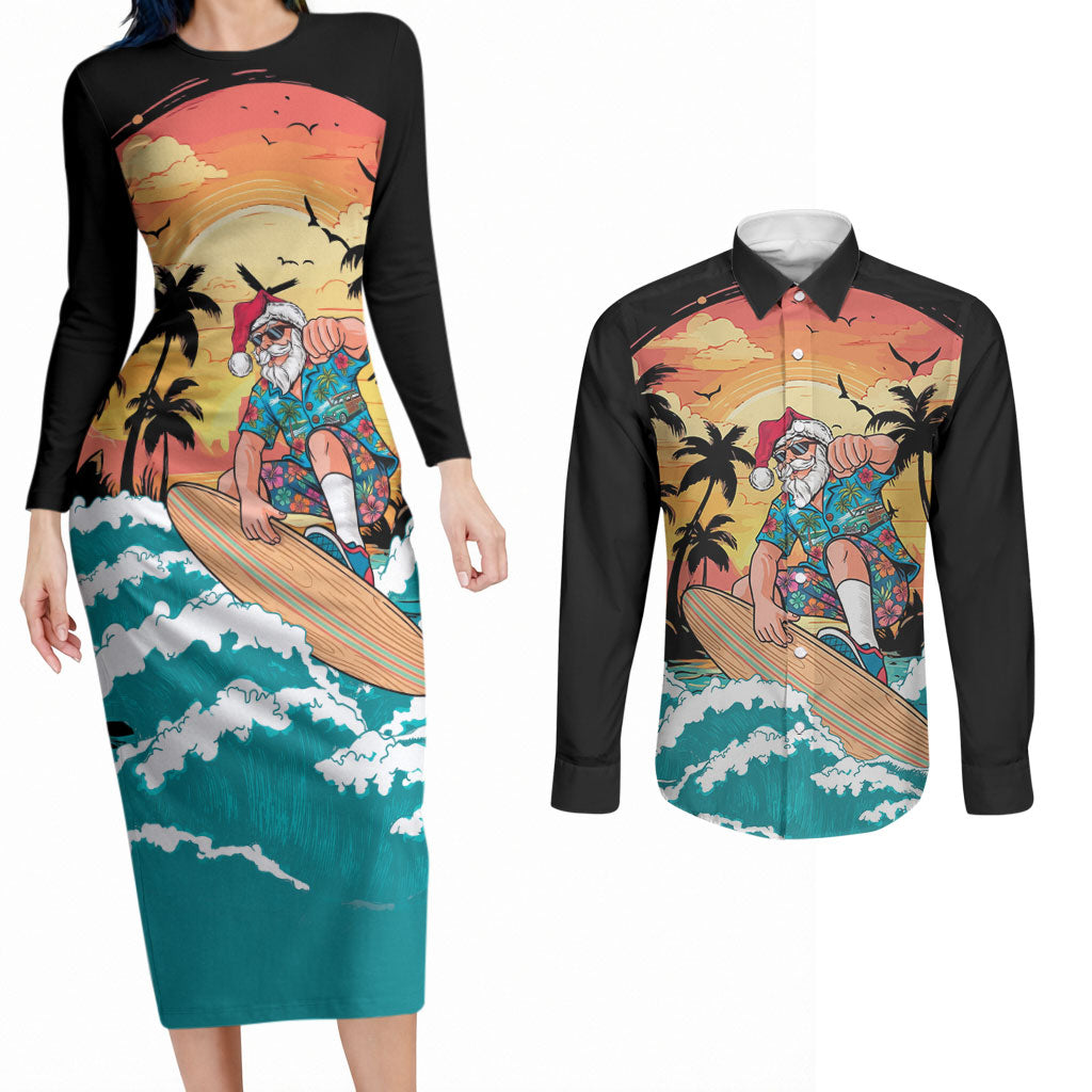 Vintage Santa Claus Surfing Summer Couples Matching Long Sleeve Bodycon Dress and Long Sleeve Button Shirt Mele Kalikimaka i Iulai! LT9 Black - Polynesian Pride