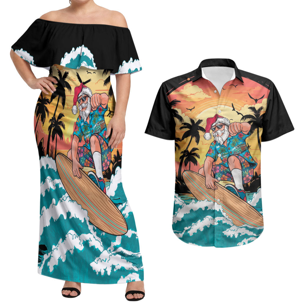 Vintage Santa Claus Surfing Summer Couples Matching Off Shoulder Maxi Dress and Hawaiian Shirt Mele Kalikimaka i Iulai! LT9 Black - Polynesian Pride