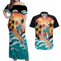 Vintage Santa Claus Surfing Summer Couples Matching Off Shoulder Maxi Dress and Hawaiian Shirt Mele Kalikimaka i Iulai! LT9 Black - Polynesian Pride