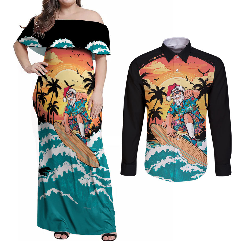 Vintage Santa Claus Surfing Summer Couples Matching Off Shoulder Maxi Dress and Long Sleeve Button Shirt Mele Kalikimaka i Iulai! LT9 Black - Polynesian Pride